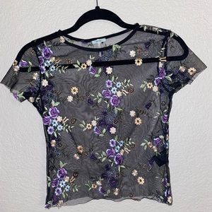 Sheer Crop Top with Embroidered Flowers